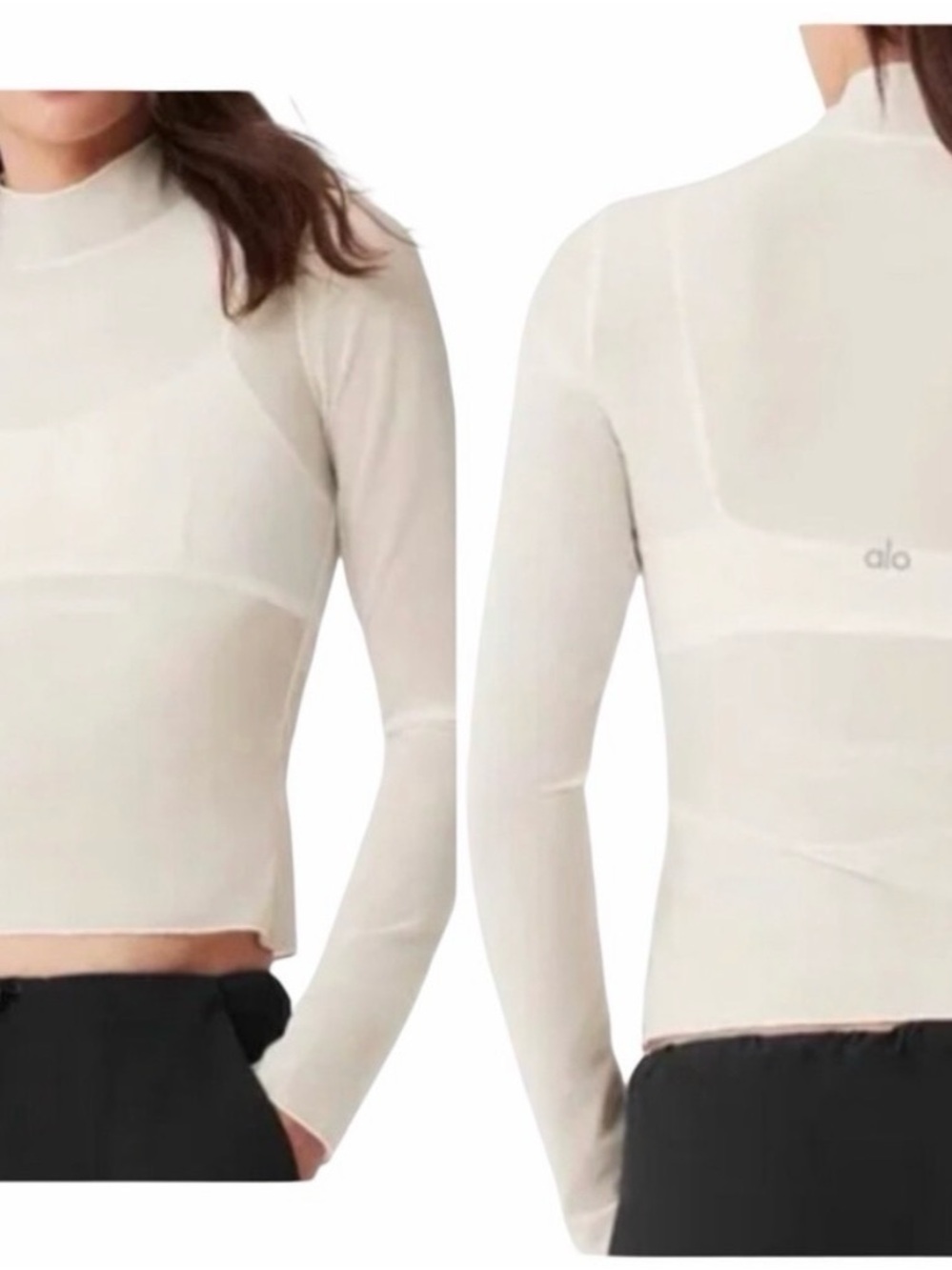 ALO Sheer Mock Neck Long-Sleeve Top with matching bra - Picture 3 of 7